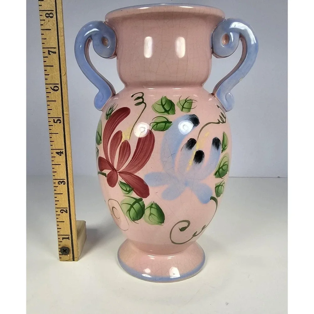 Vintage Pink Crackle Glaze Vase Blue Handles Floral Ceramic